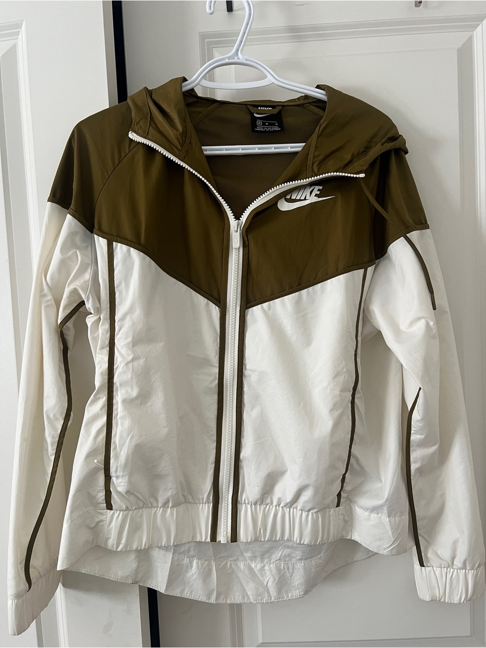 Nike Olive Green and White Hooded Bomber Jacket